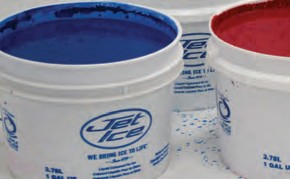 Jet Ice linjemaling i blått og rødt - ferdigblandet i 1-gallon bøtter med Jet Ice logo